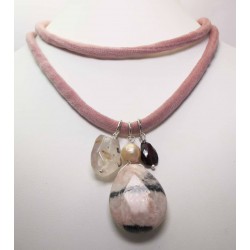 Pink velvet necklace with baroque pearl, jasper, rocky crystal and garnet