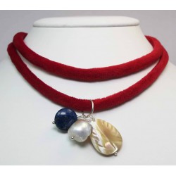 Red velvet necklace with lapis lazuli, Tahiti mother of pearl and baroque pearl