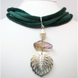 Multistrand green velvet necklace with pearl, Bolivian ametrine, and Tahiti mother of pearl leaf