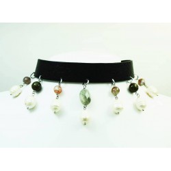Leather choker with pearls, labradorite and agate