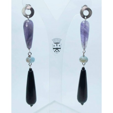 Silver earrings with amethyst and onyx