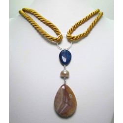 Golden silk necklace with jasper, baroque pearl, lapis lazuli