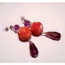 Silver earrings with amethyst and coral