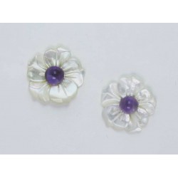 Flower earrings with white carved Tahiti mother of pearl and amethyst cabochon