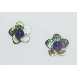 Flower earrings with black carved Tahiti mother of pearl and amethyst cabochon