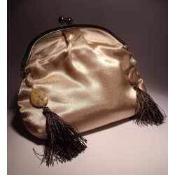 Ivory satin clutch with pearls, jasper and brown tassels