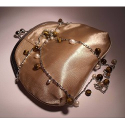 Ivory satin clutch with long chain, pearls and tiger eye