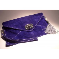 Leather clutch cobalt blue, gray tassel, pearl and hematite