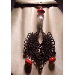 Pendant with LineaErre embroidery, African jade, sponge coral and pearl