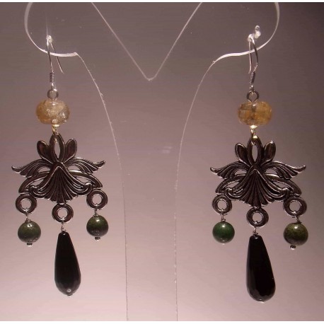 Silver chandelier earrings with onyx, jade and citrine quartz