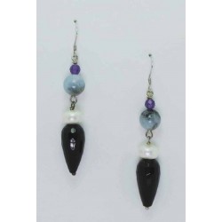 Silver earrings with onyx, aquamarine, amethyst and pearls
