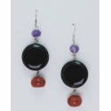 Silver earrings with sponge coral, amethyst and onyx