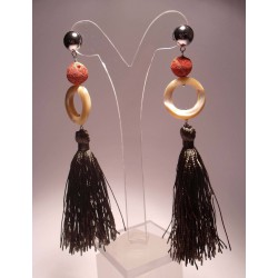Earrings with mother of pearl, madrepora and brown silk tassels