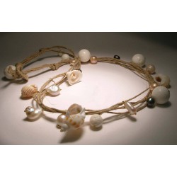 Multi-strand hemp necklace with pearls, shells and madrepora