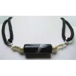 Black silk necklace with onyx and baroque freshwater pearls
