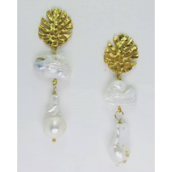 Golden monstera leaf earrings with baroque and keshi pearls