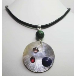 Black leather necklace with Tahiti mother of pearl, rubyzoisite, lapis lazuli and Swarovski crystal
