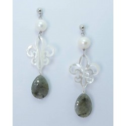 Silver earrings with pearls, labradorite and Florentine lily carved mother of pearl