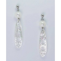 Silver earrings with pearl and long drop carved mother of pearl