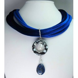 Blue velvet necklace with lapis lazuli, moonstone, mother of pearl and baroque pearl