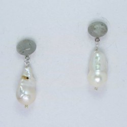 Earrings with cabochon oval labradorite and baroque pearls