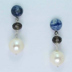 Earrings with cabochon sodalite, smoky quartz and baroque pearlsy keshi pearls