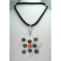 Black silk necklace with mother of pearl, amethyst, unakite, rhodocrosite cabochon and baroque freshwater pearls