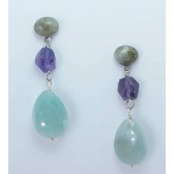 Earrings with oval cabochon labradorite, amethyst and amazonite