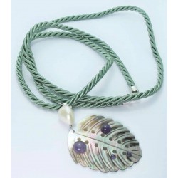 Green sage silk necklace with carved Tahiti mother of pearl leaf pendant with amethyst cabochon and baroque pearl
