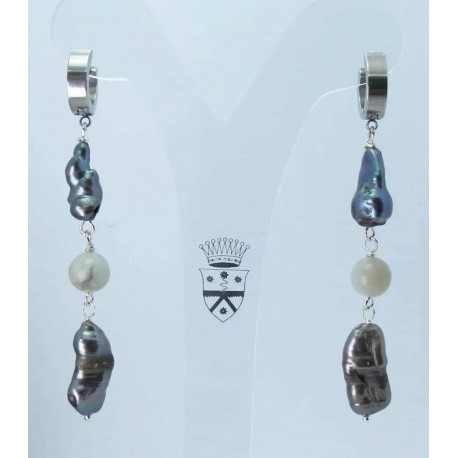 Long earrings with gray keshi pearls and amazonite