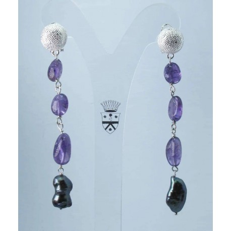 Rhodium plated brass long earrings with amethyst and gray baroque pearls