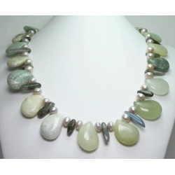 Prehnite petals necklace with pink freshwater pearls and labradorite