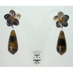 Flower earrings with black carved Tahiti mother of pearl, tiger eye cabochon and teardrop