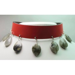 Double face genuine leather choker and bracelet with labradorite drop
