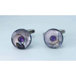 Round mother of pearl cufflinks with amethyst cabochon