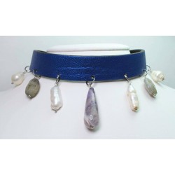 Double face genuine leather choker with amethyst, biwa pearls and labradorite