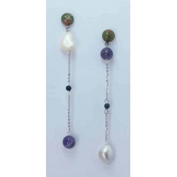 Orecchini lunghi con unakite cabochon, ametista, perle barocche e lapislazzuli