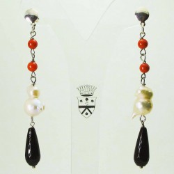 Silver earrings with red coral, baroque freshwater pearls and onyx drop