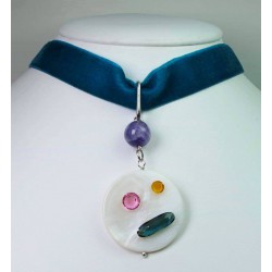 Petrol blue velvet chocker with mother of pearl, Swarovski crystal, amethyst and pearls