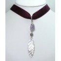 Purple velvet chocker with mother of pearl carved leaf, labradorite and amethyst