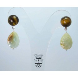 Earrings with cabochon tiger eye and faceted drop amazonite