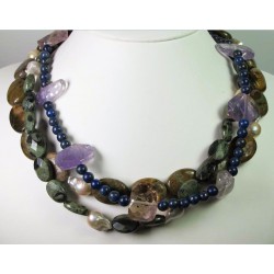 Multistrand necklace with baroque pearls, Kambaba jasper, agate, lapis lazuli and ametrine