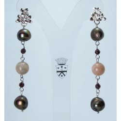 Silver earrings with brown pearls, rhodolite garnet and moonstone