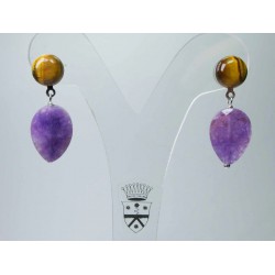 Earrings with cabochon tiger eye and faceted drop purple jade