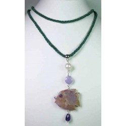 Green silk necklace with amethyst, agate fish and baroque pearl