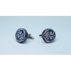 Round  enamelled lava lapilli cufflinks (blue pomegranate design)