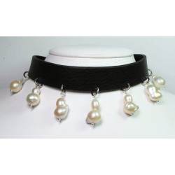 Black genuine leather choker with baroque pearls