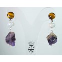 Earrings with cabochon tiger eye, aquamarine and rough amethyst