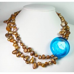 Two strands necklace with golden baroque pearls and Murano glass boule