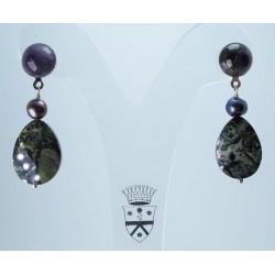 Earrings with cabochon amethyst, peacock pearls and Kambaba jasper